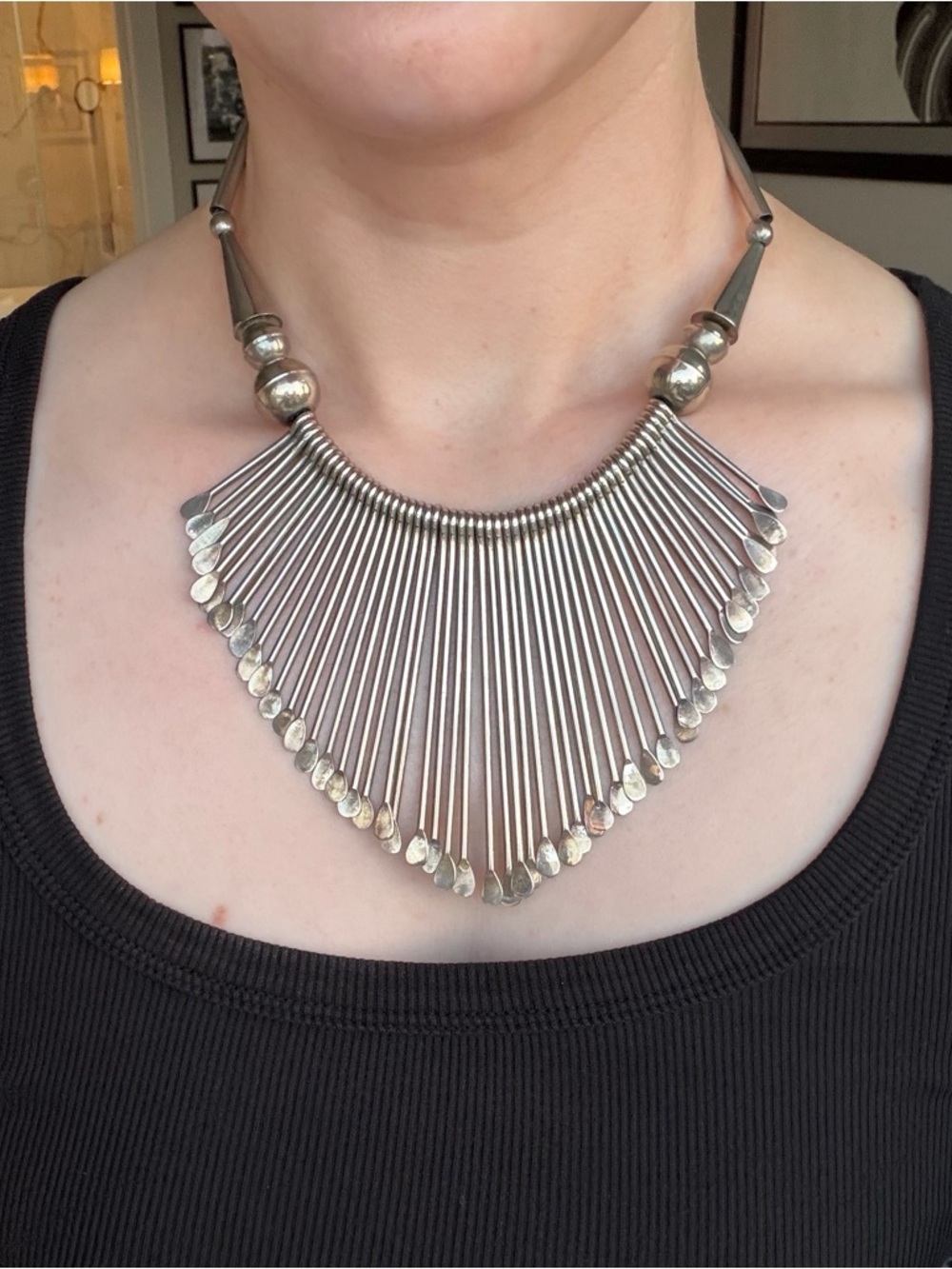 Vintage Silvertone Fringe Paddle Metal Statement Necklace 16”